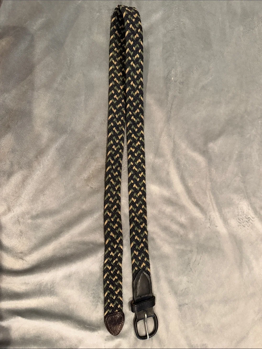 Braided Elastic Belt in Black and Tan with Leather Trim
